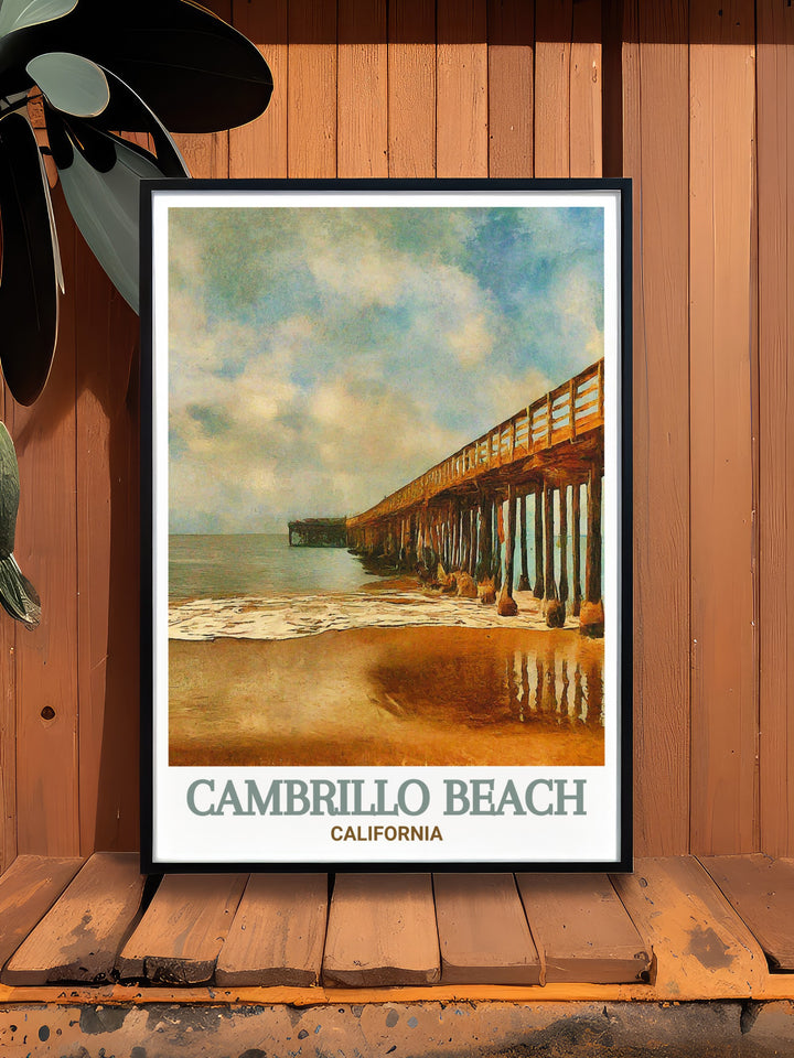 Celebrate the beauty of California with this Cambrillo Beach Pier wall art. The artwork features the pier stretching into calm waters creating a serene and captivating scene. Perfect for any room this print adds a touch of coastal elegance to your home decor.