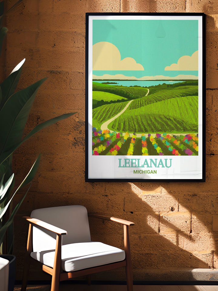 Michigan Vintage Poster reflecting the timeless allure of Michigans Leelanau Peninsula, with a classic design that evokes the nostalgia and beauty of the states wine country. This poster is perfect for enhancing your decor with a touch of vintage elegance.