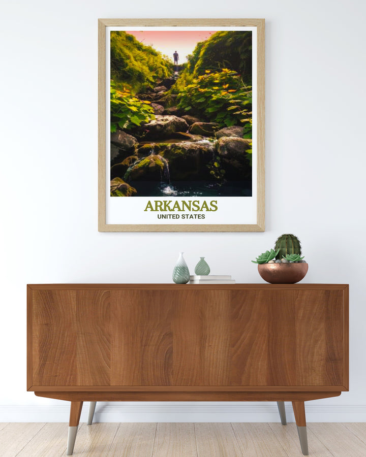 Framed print of Hot Springs National Park in Arkansas, highlighting the scenic beauty and historical significance of this renowned park. A great gift for travelers and nature lovers, this artwork brings the charm of Arkansass landscapes into your living space.