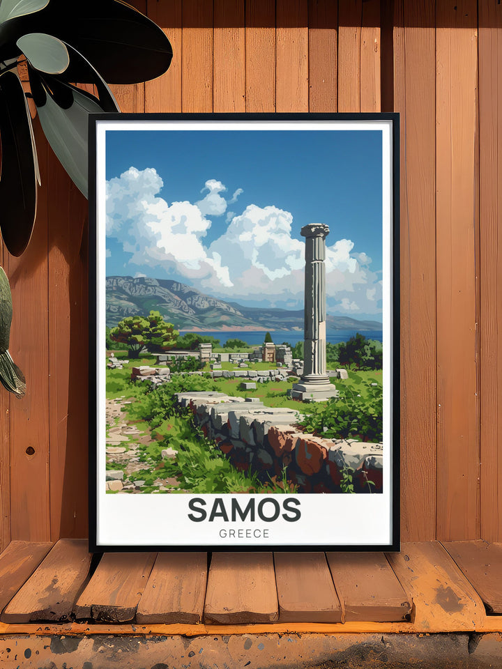 This travel print highlights the enchanting island of Samos and the ancient Heraion of Samos. Perfect for anyone who treasures Greeces blend of history and natural beauty, it makes a fantastic addition to any art collection.