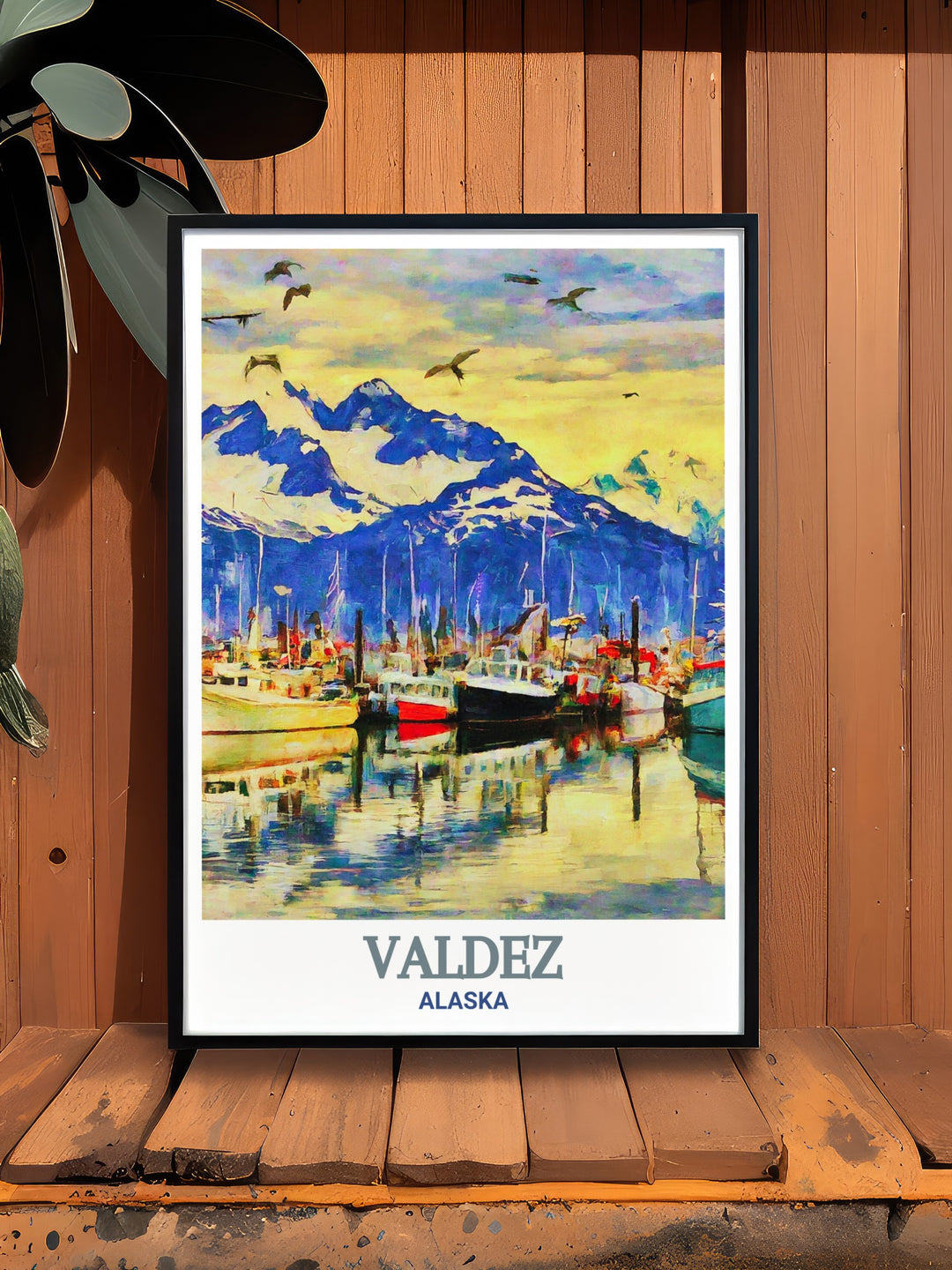 Valdez Harbors peaceful waters and mountainous backdrop are the focal points of this stunning Alaska wall art. Whether youre an adventurer or simply a fan of Alaskas natural beauty, this print brings the outdoors inside with a serene and calming atmosphere.