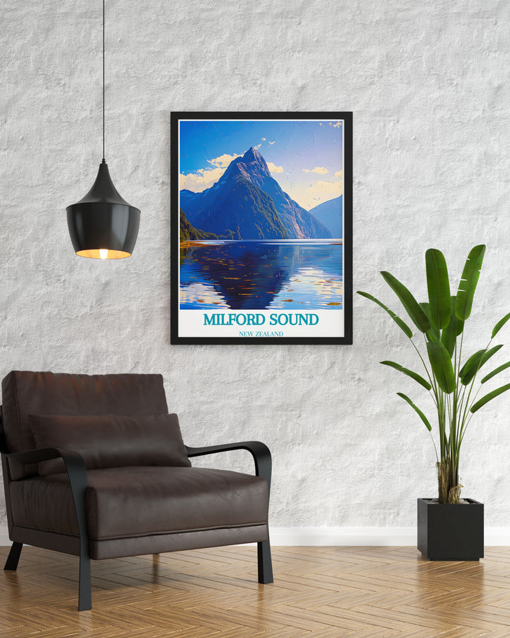 Milford Sound poster with Mitre Peak showcasing the rugged beauty and serene waters of Fiordland National Park. Perfect for creating a nature inspired ambiance in any space.