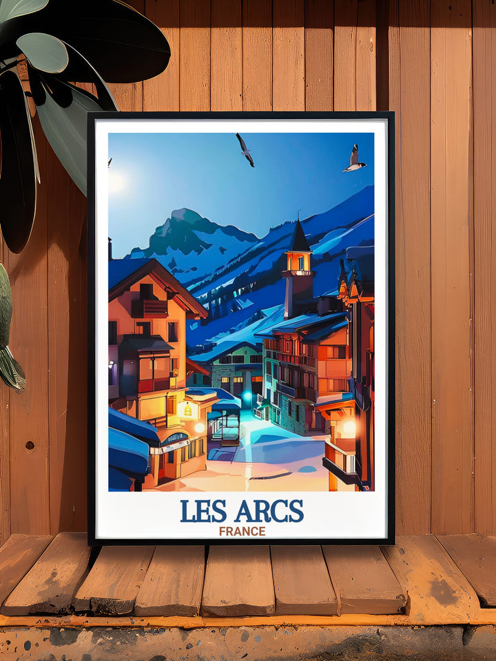 The "Les Arcs Wall Print" is a perfect representation of the exhilarating snowboarding culture of the French Alps. Featuring the vibrant Les Arcs 1950 Village, this artwork is ideal for anyone looking to bring a sense of adventure and winter sports into their home.