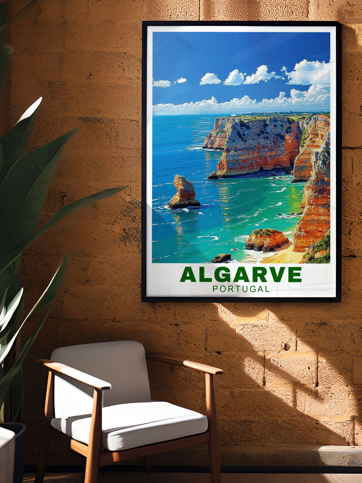 Featuring Algarve cliffs in Portugal, this art print highlights the rugged landscapes and serene ocean views, making it an ideal piece for nature lovers and coastal decor enthusiasts.