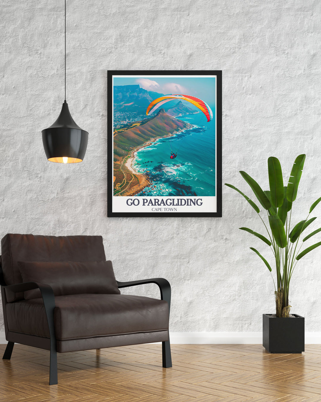 Home decor print featuring Table Mountain, emphasizing the majestic scenery and serene atmosphere of Cape Town. This piece adds a touch of natural elegance to any living space.