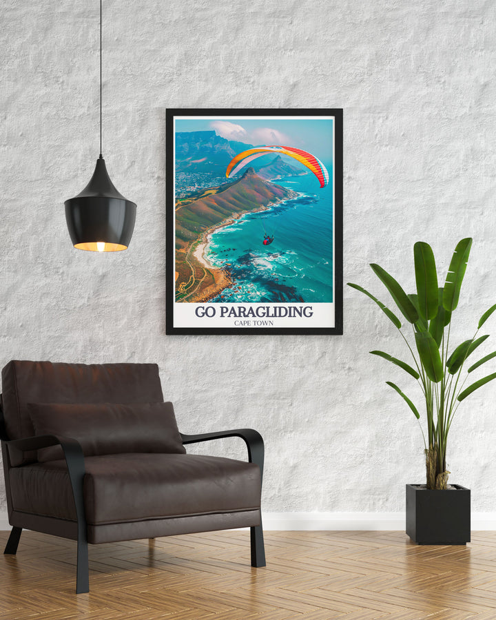 Perfect for the adventure enthusiast, this Paragliding Print showcases a stunning view of Cape Town and Table Mountain from a paragliders perspective. A must have for anyone who loves outdoor sports or beautiful landscapes.