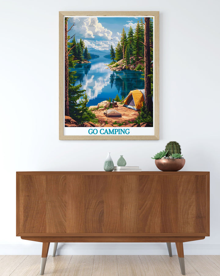 Vintage travel poster of a camper van near a serene lake, celebrating the charm of retro camping and the joy of exploring nature, perfect for adding a nostalgic touch to your decor.
