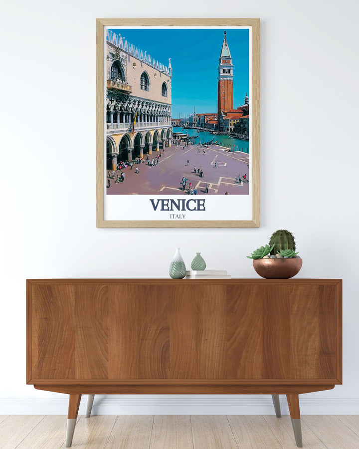 This framed Venice wall art features the breathtaking view of St. Marks Square and the Grand Canal. The artwork is perfect for anyone who has a connection to Venice or dreams of visiting, making it an ideal travel gift.