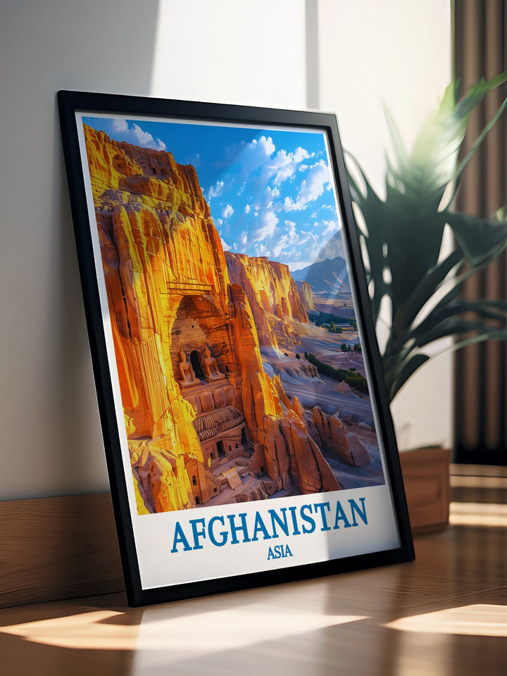 Discover the vibrant colors and fine details of The Bamiyan Buddha Statues in this Afghanistan Colorful Art piece a captivating print that brings a piece of history into your home