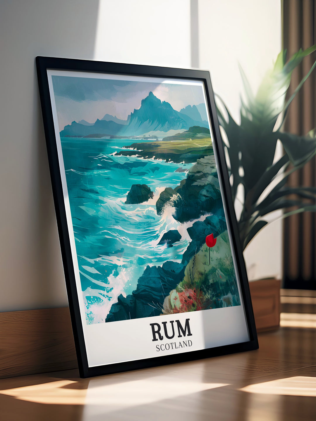 Discover the untouched charm of Scotlands Inner Hebrides with our travel poster, showcasing the contrasting yet complementary landscapes of Rum and Sanday. A must have for fans of Scottish scenery.