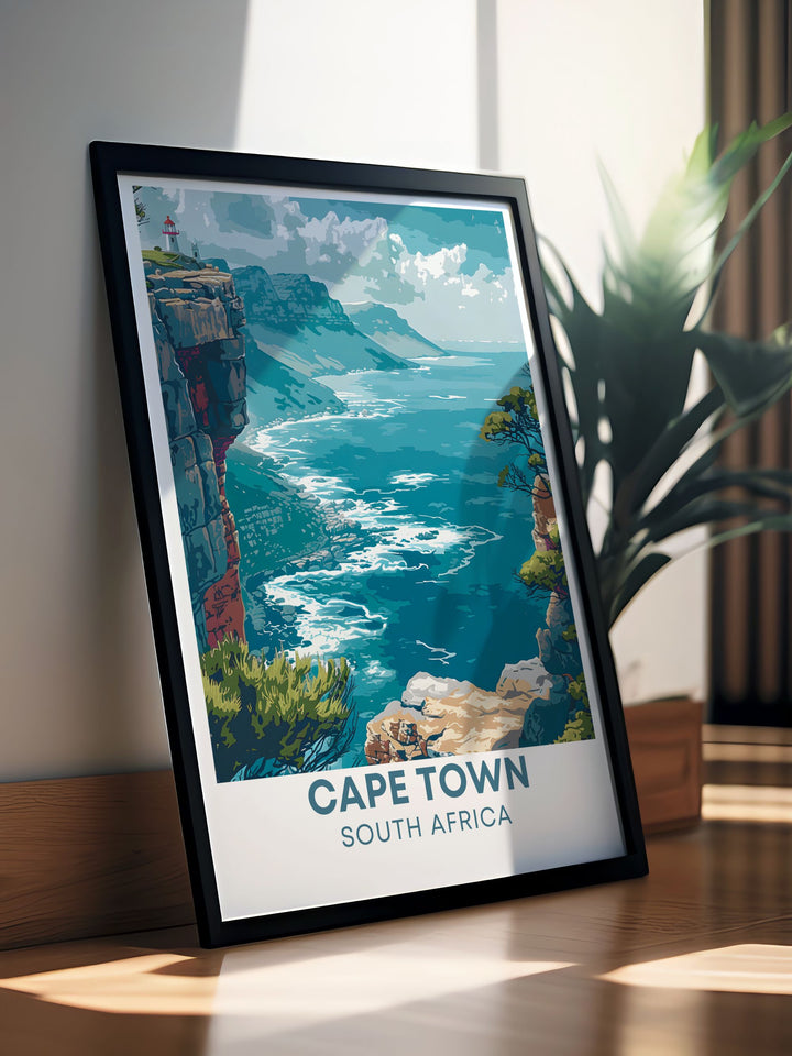 Showcasing the dramatic cliffs of Cape Point and the flat topped peak of Table Mountain, this travel poster adds a unique touch of natural elegance to your living space.
