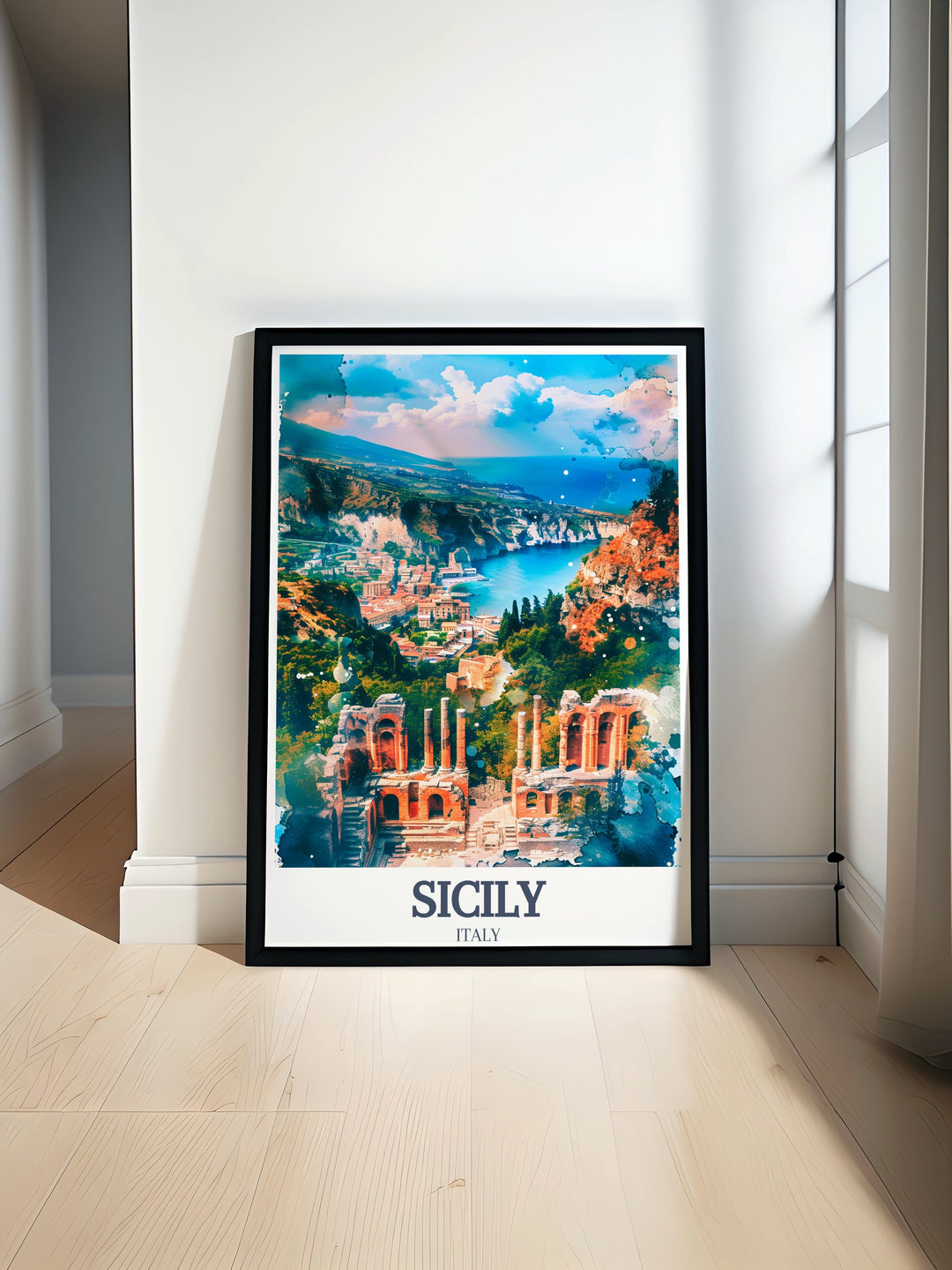 Celebrate Sicilys historical landmarks with this colorful travel print of the Valley of the Temples and Teatro Antico di Taormina. Ideal for art collectors and travel enthusiasts alike.