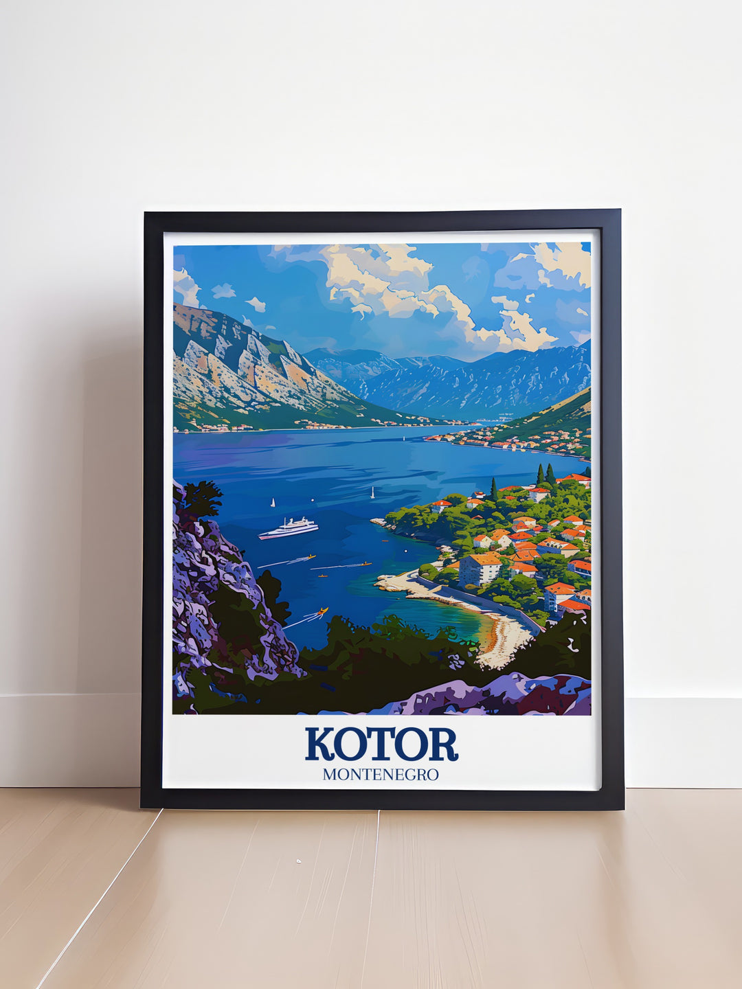 A detailed art print of Kotor Bay, capturing the tranquil waters of the Adriatic Sea and the surrounding mountains. This poster is an ideal gift for travel lovers or anyone who enjoys European coastal landscapes.