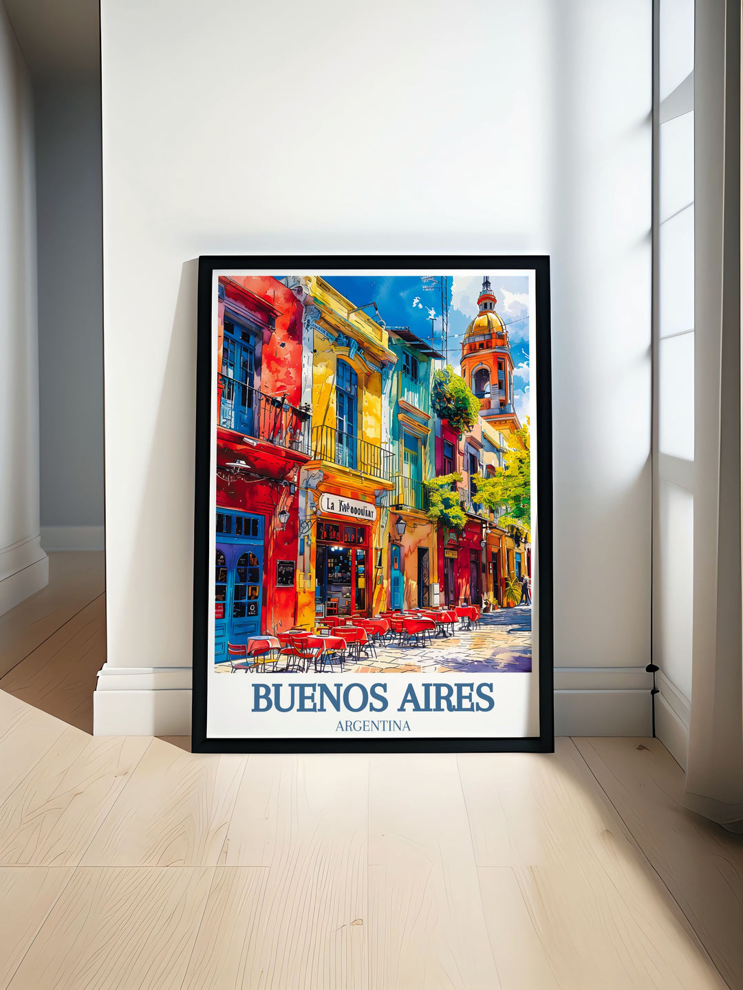 Illustrated with care, this travel poster brings to life the scenic beauty of Buenos Aires and the colorful charm of Caminito street, ideal for enhancing any room with Argentinas vibrant and diverse landscapes.