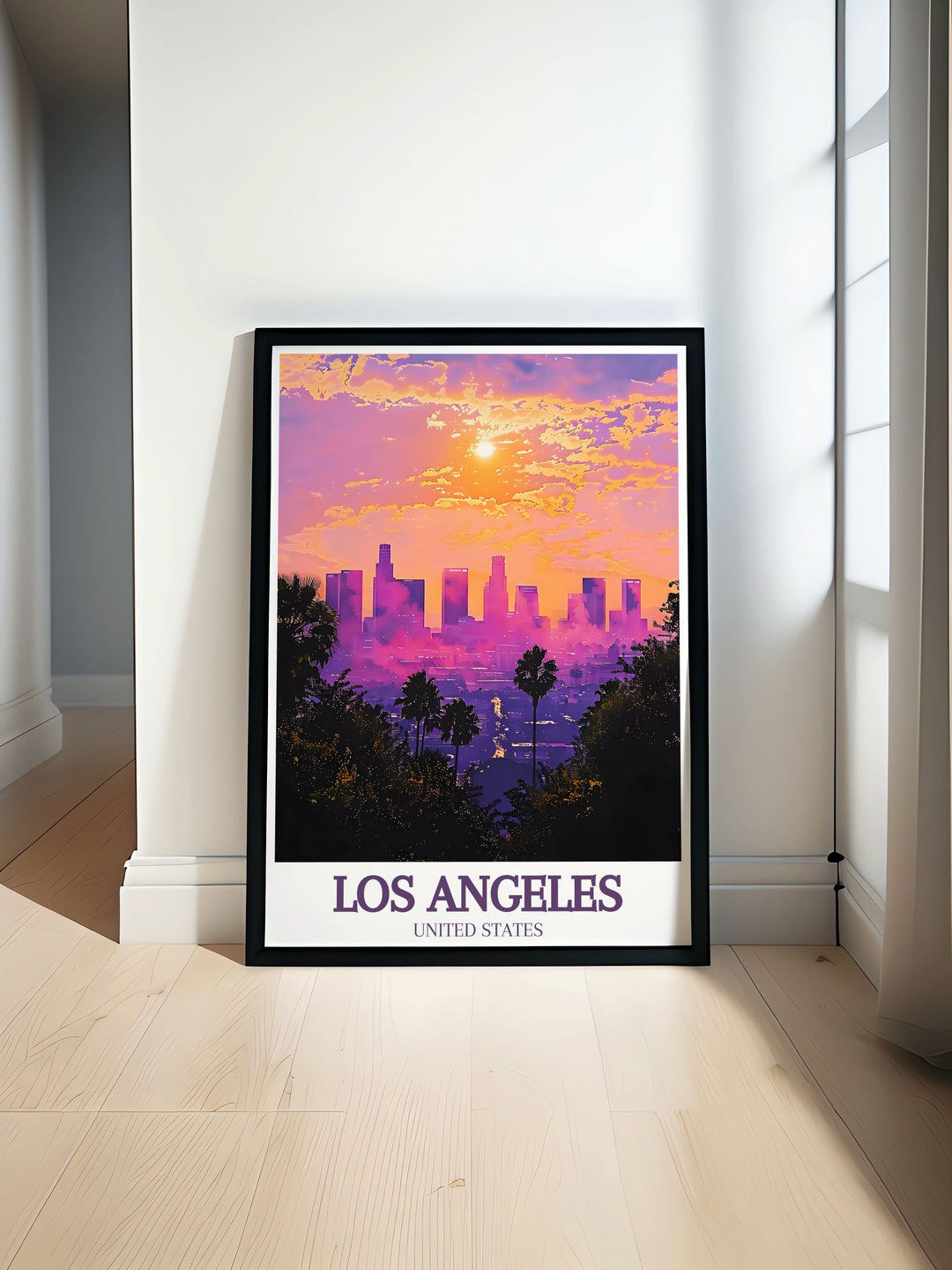 Downtown skyline Los Angeles print showcasing the vibrant urban landscape of California perfect for modern art enthusiasts and home decor lovers looking to elevate their living room or office space with a touch of California charm