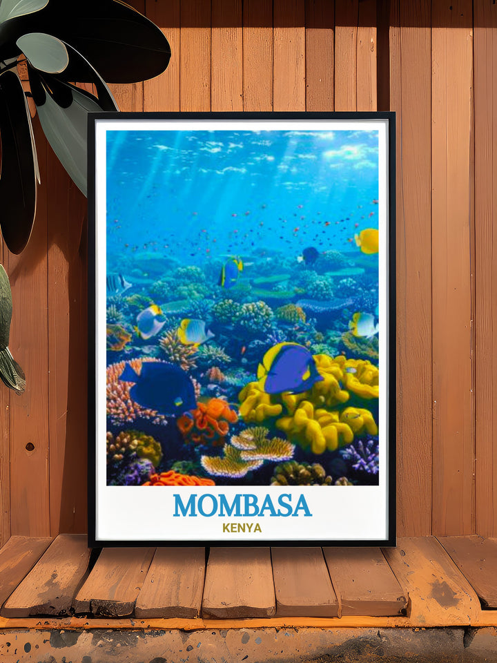 The Kenya Travel Poster features the serene underwater beauty of Mombasa Marine National Park. With its colorful coral reefs and clear waters, it makes an excellent decor piece for any ocean lover.