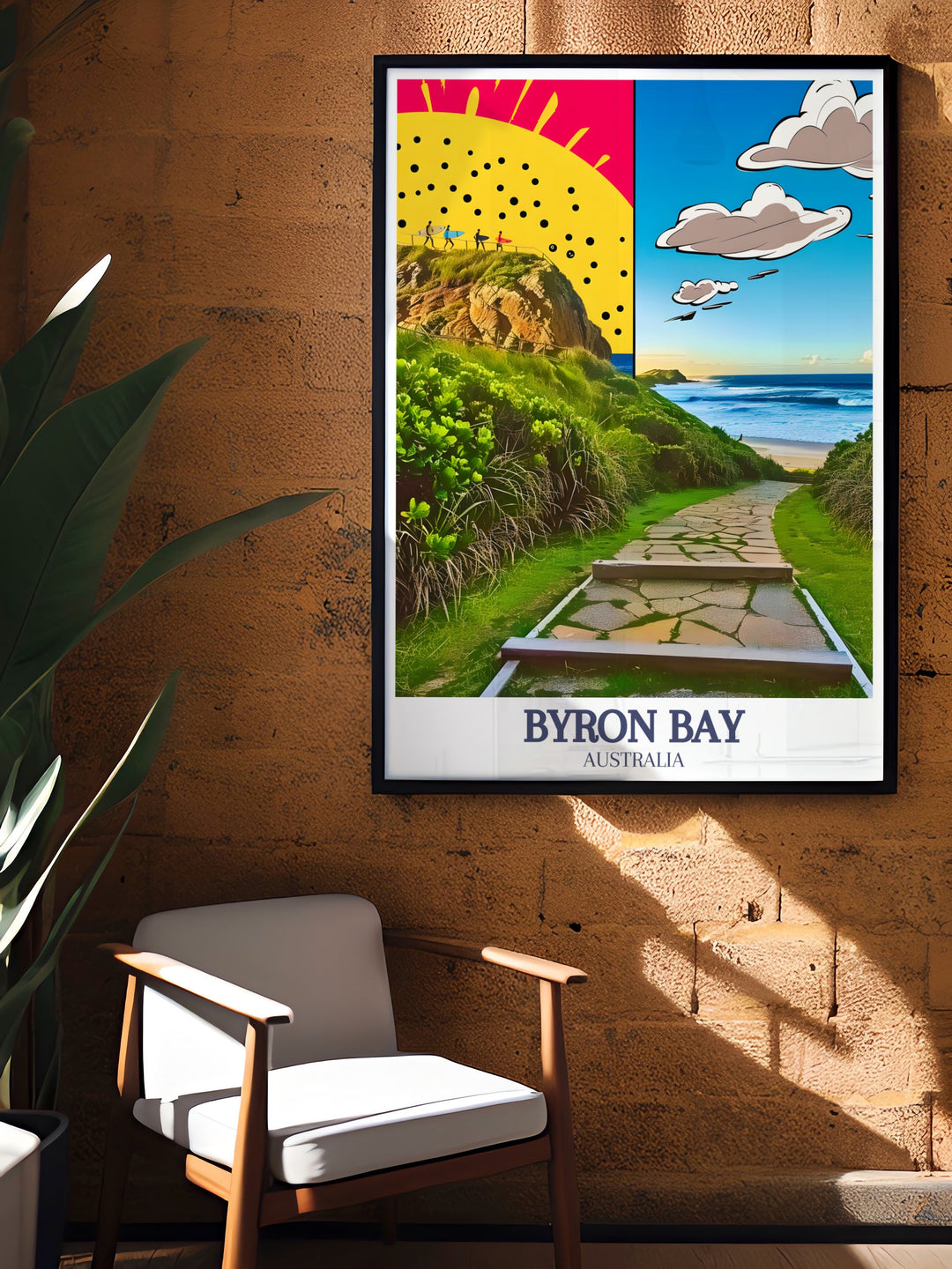 Byron Bay Poster highlighting Cape Byron Walking Track and Byron beach perfect for those who love Australian coastal scenery. A stunning piece of art that adds sophistication and a touch of nature to any interior setting.