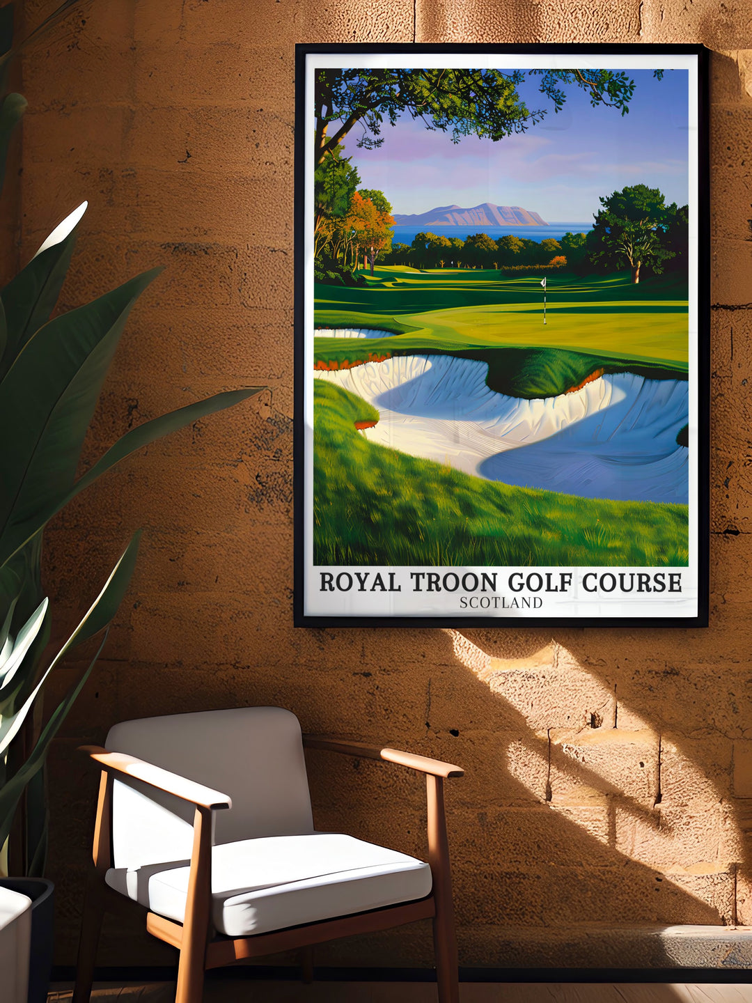 Elegant golf course print of Royal Troon featuring the Postage Stamp hole and Isle of Arran perfect for home living room or golf club decor this golf artwork highlights the beauty of the Scottish Highlands and the rich history of open golf tournaments