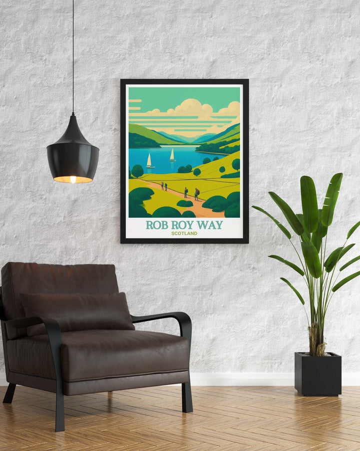 Celebrate Scotlands rich natural heritage with this travel poster featuring Rob Roy Way and Loch Ard. A must have for hikers and outdoor lovers, this artwork perfectly captures the magic of Scotlands landscapes.