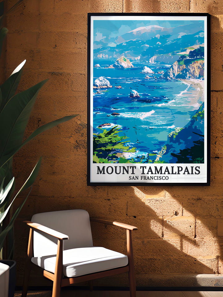 Modern California art print of Mount Tamalpais with scenic views of the Pacific Ocean and Marin Hills. This print makes a perfect wall decor piece for anyone who loves California and its beautiful landscapes.