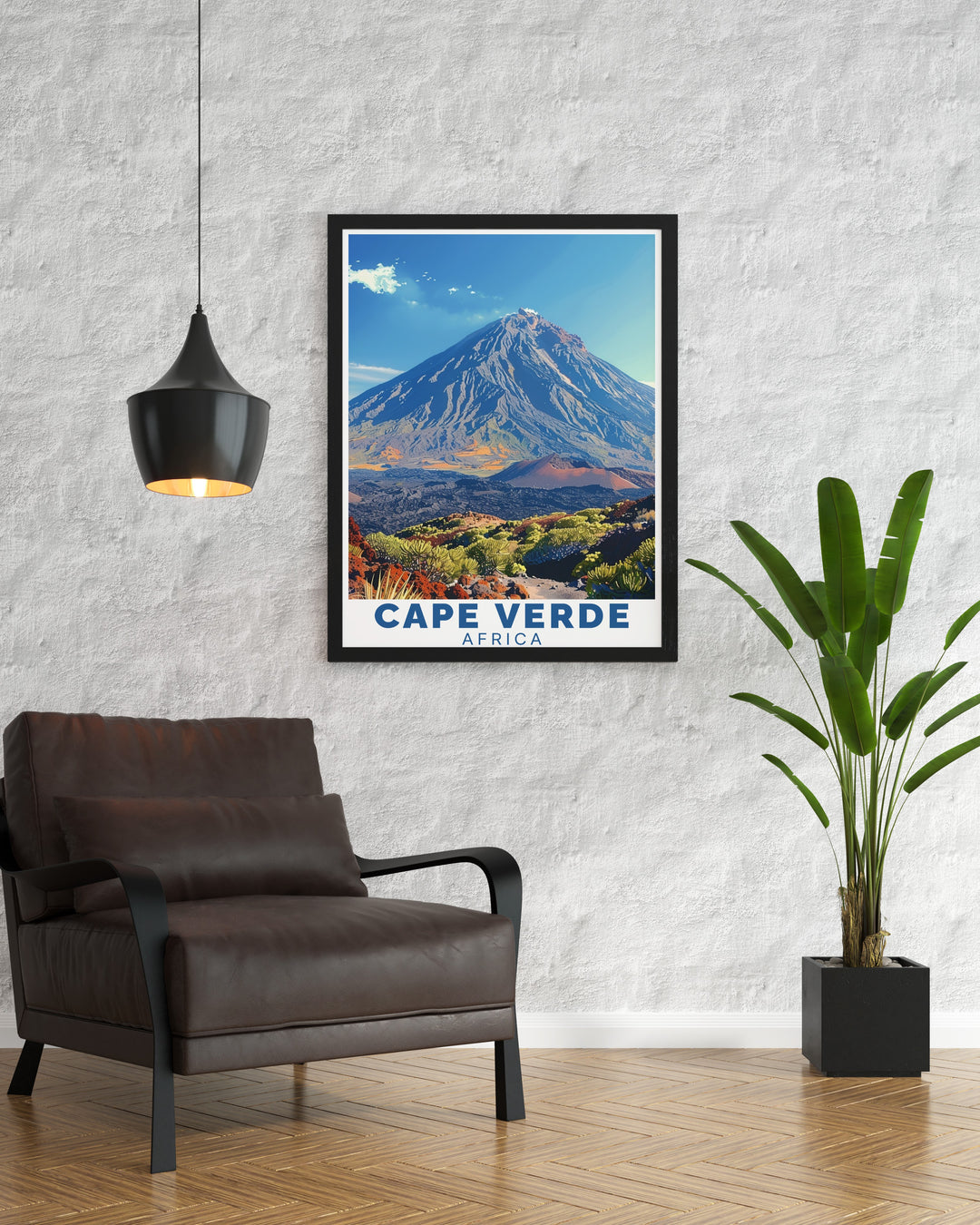 This Cape Verde poster print captures the beauty of the archipelagos natural landscapes, with Poco do Fogos volcanic peak set against the serene coastline of Sao Vicente. The vibrant colors and detailed artwork make it a perfect addition to any home décor for lovers of African scenery.