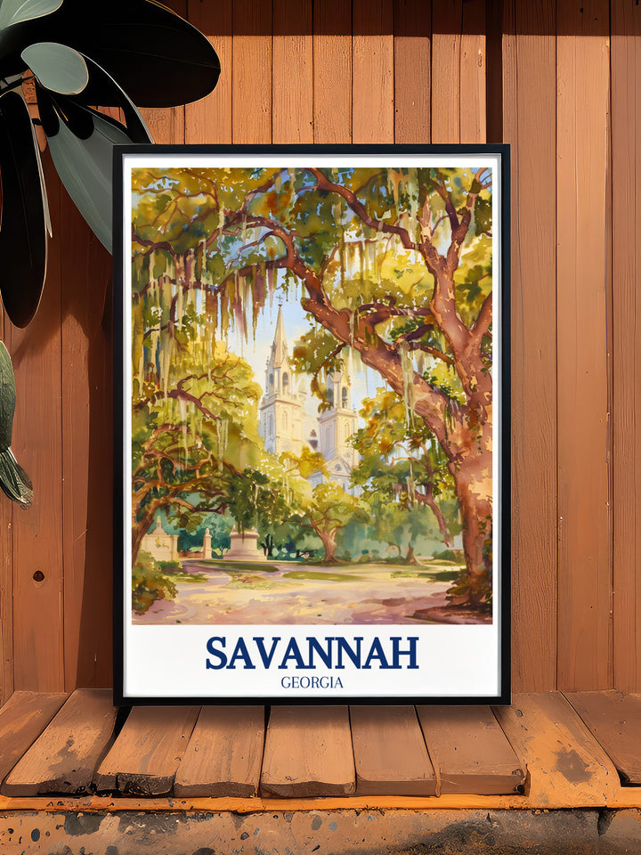 Elegant framed print of Forsyth Park featuring the Cathedral of St. John the Baptist ideal for home decor showcasing the iconic landmarks of Savannah South Carolina in vibrant colors and intricate details