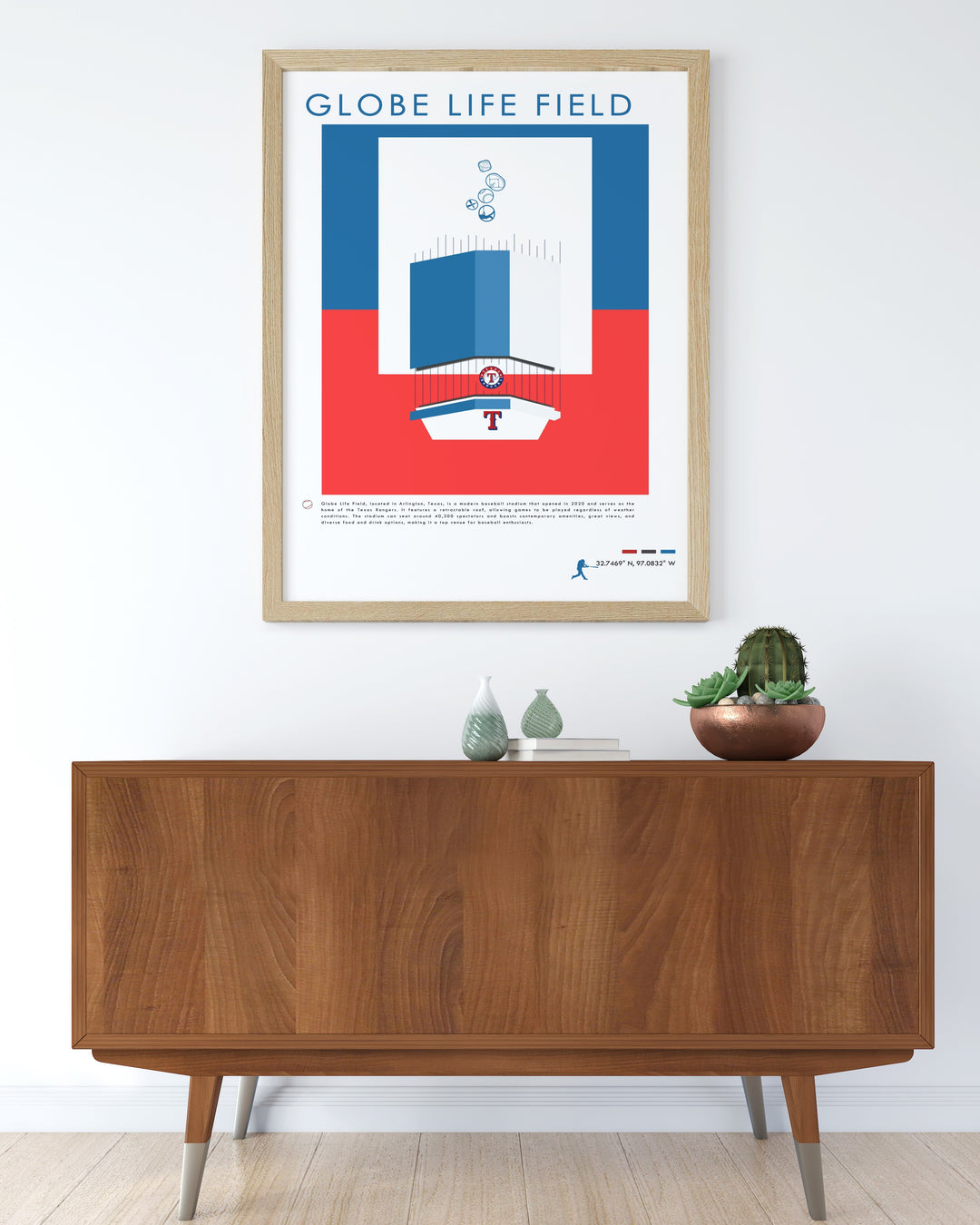 Texas print featuring the dynamic Texas Rangers players and Globe Life Field in vibrant colors ideal for adding sports energy to your living space