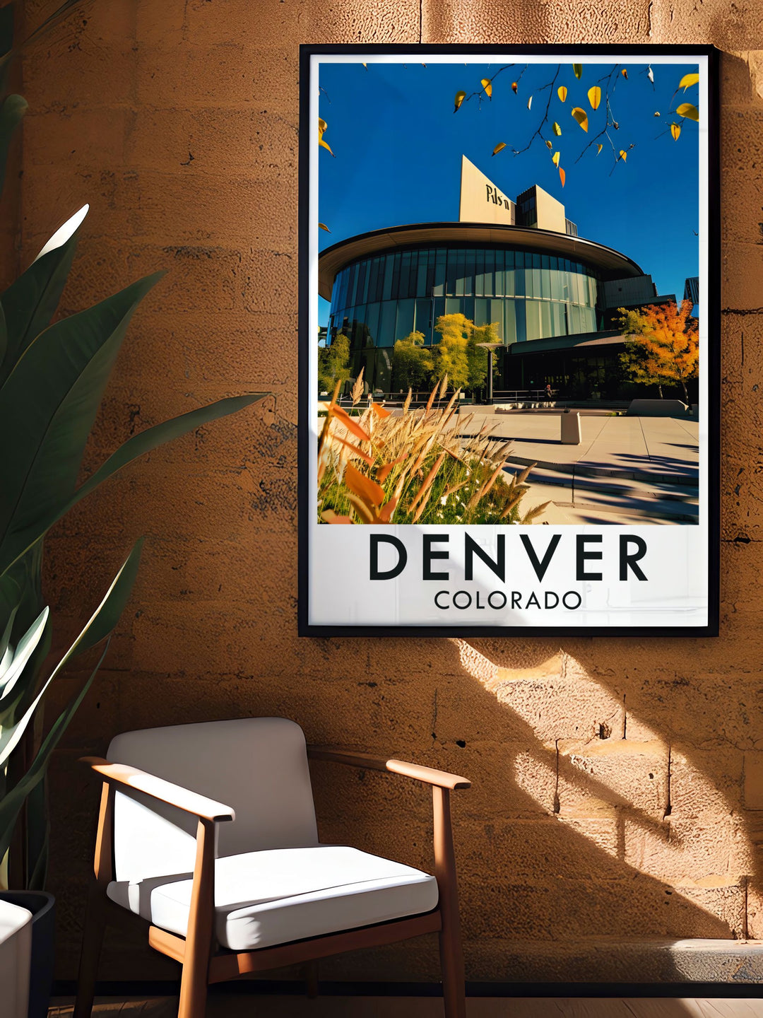 This travel poster showcases Denvers modern skyline against the majestic Rocky Mountains, highlighting the citys vibrant urban and natural beauty for your home decor.