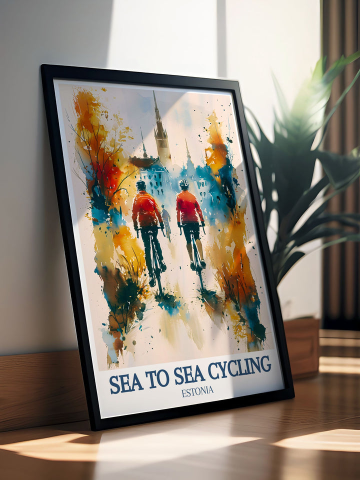 This travel poster features the Sea to Sea Cycling Route across England and the historic Old Town of Tallinn, Estonia, capturing the diverse landscapes and architectural beauty of these renowned landmarks, perfect for cycling enthusiasts and wall art decor lovers.