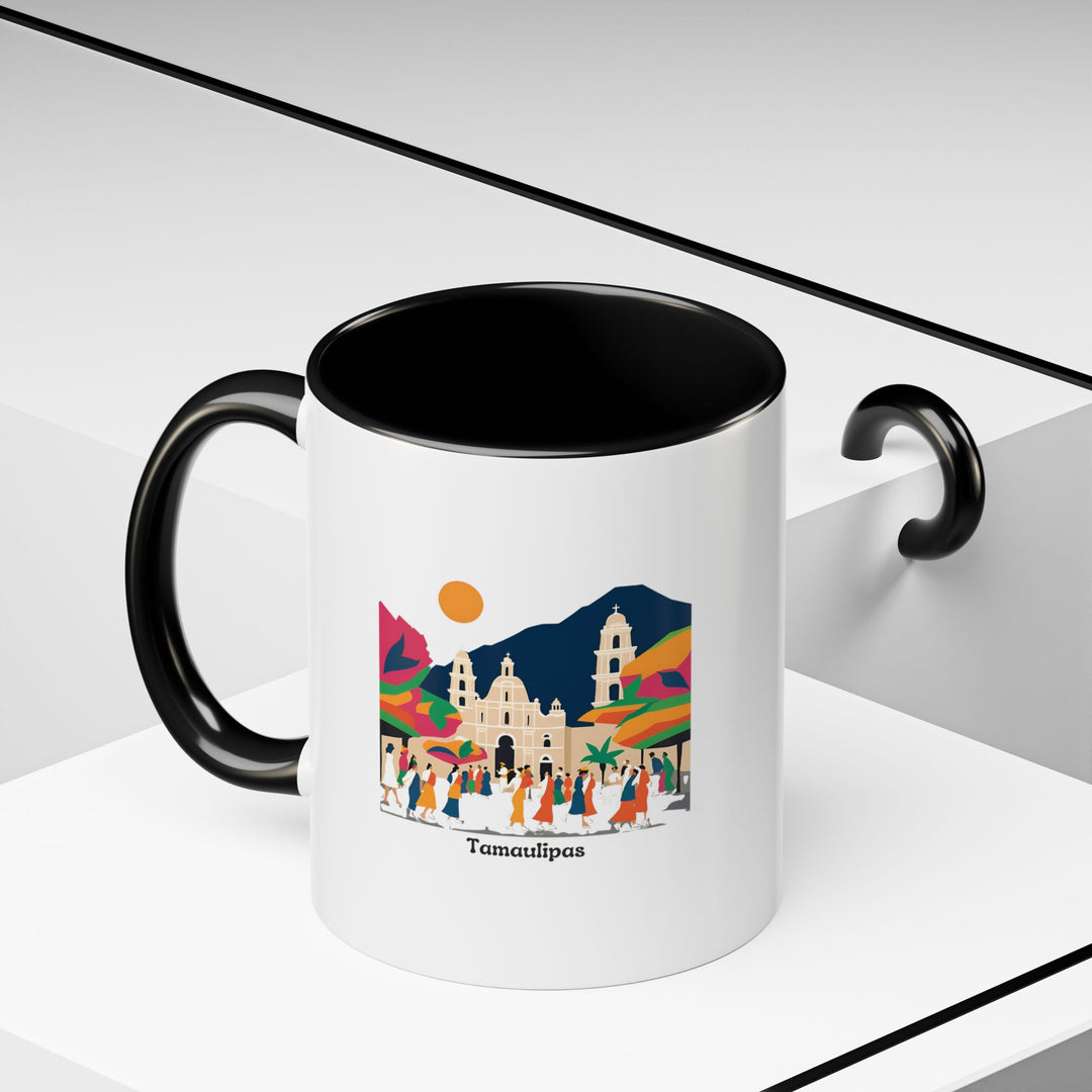 Enjoy your favorite hot beverages with the Tamaulipas Mexico Mug featuring designs inspired by Mexican traditions. This 11oz ceramic mug is dishwasher safe and microwave safe. An ideal gift for friends or family who appreciate Mexican culture and artistic expression in everyday items.