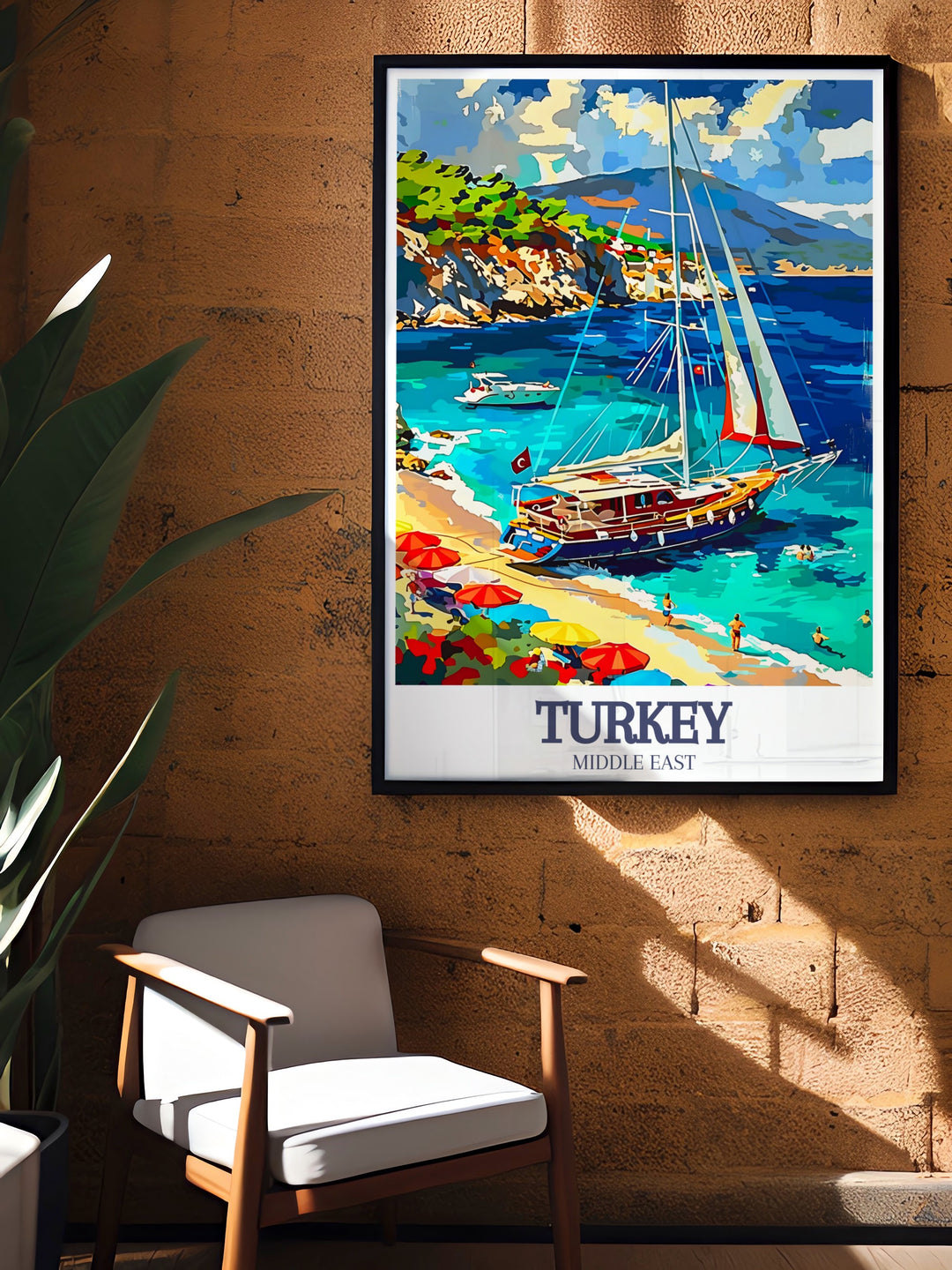 Bring the stunning visuals of Turkeys Turquoise Coast into your home with this vintage poster of a Turkish Gulet sailboat. The soothing colors and minimalist design make it a timeless piece for those who love both travel and art.