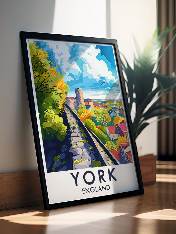 A York vintage poster that honors the charm of The York Walls while showcasing the citys unique cultural heritage. This travel print serves as a reminder of the incredible sights found in this historic location.