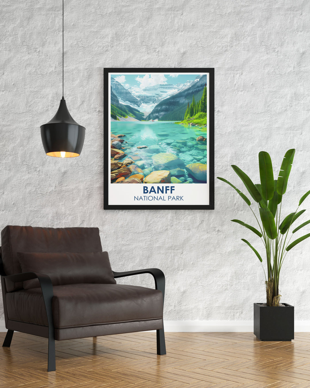 Lake Louise travel poster capturing the reflective beauty of the lake with its scenic mountain backdrop, offering a peaceful addition to any rooms decor.