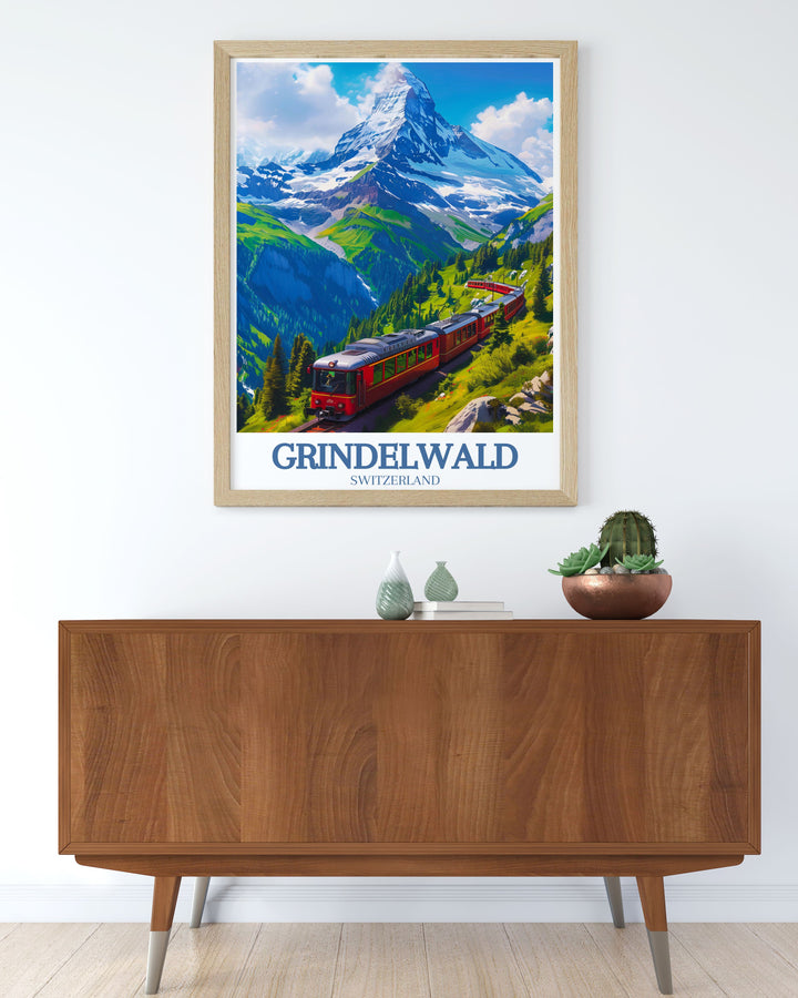 A beautiful Grindelwald First poster featuring Eiger mountain and the stunning Swiss Alps. This artwork is perfect for adding a touch of Alpine charm to your decor with its detailed and vibrant illustration.