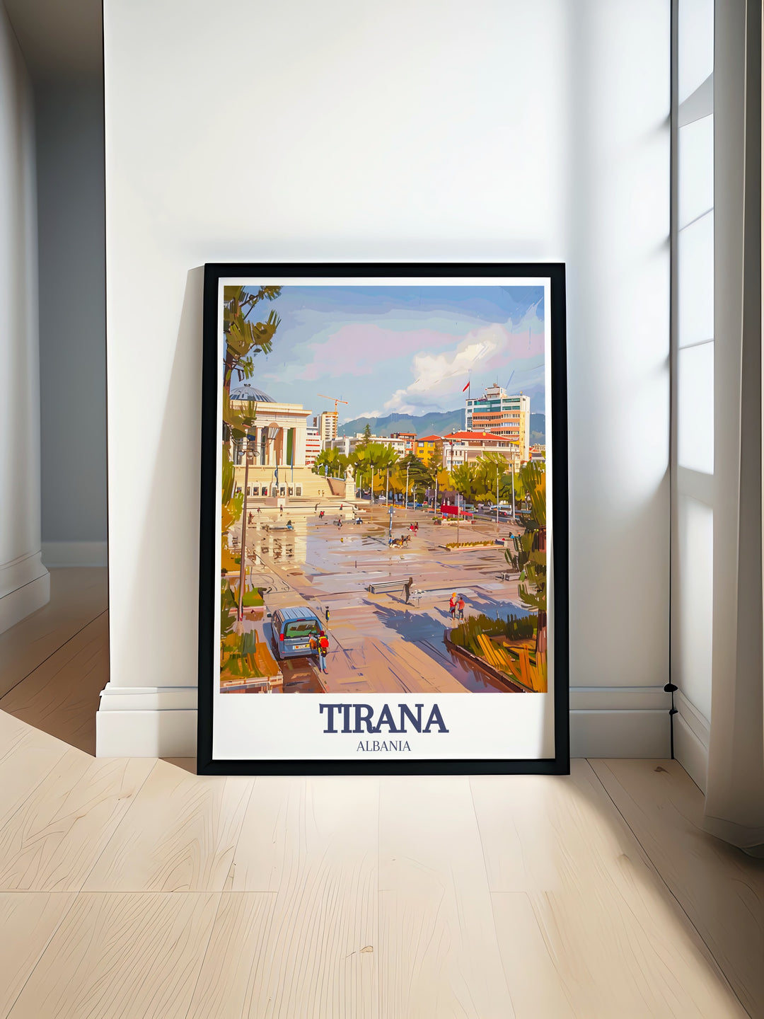 Albania Print featuring Skanderbeg Square, Dajti Mountain showcasing the vibrant colors and intricate details of Tirana perfect for adding elegance to your home decor ideal for living rooms bedrooms and offices a beautiful blend of vintage charm and modern aesthetic