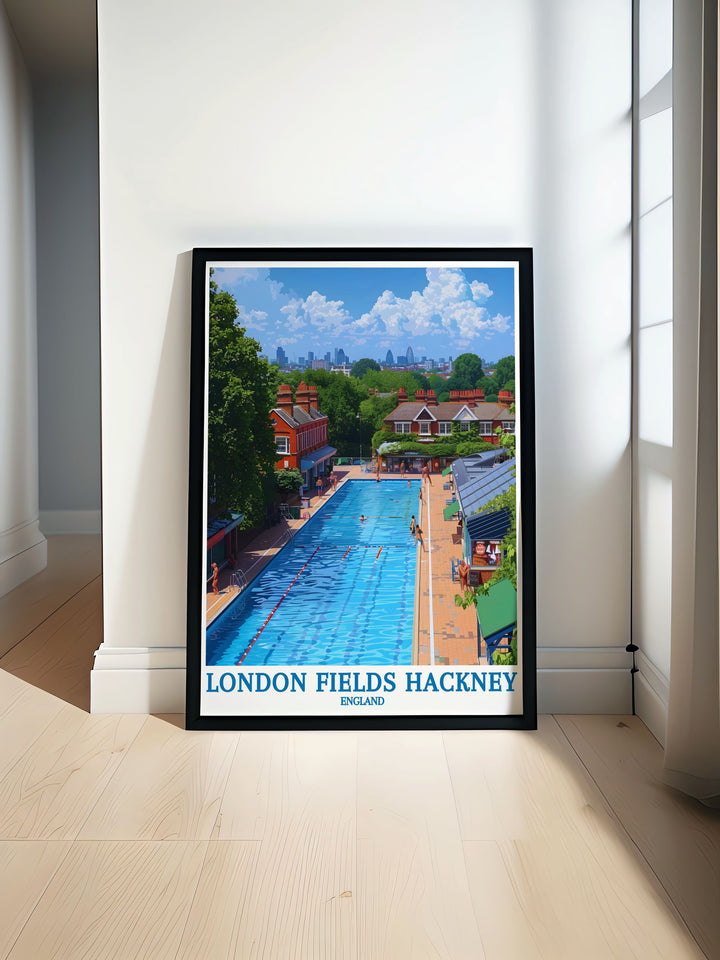 Bring the vibrant culture of Hackney into your home with this travel poster, capturing the bustling activity and serene beauty of London Fields and the Lido, ideal for any local culture enthusiast.