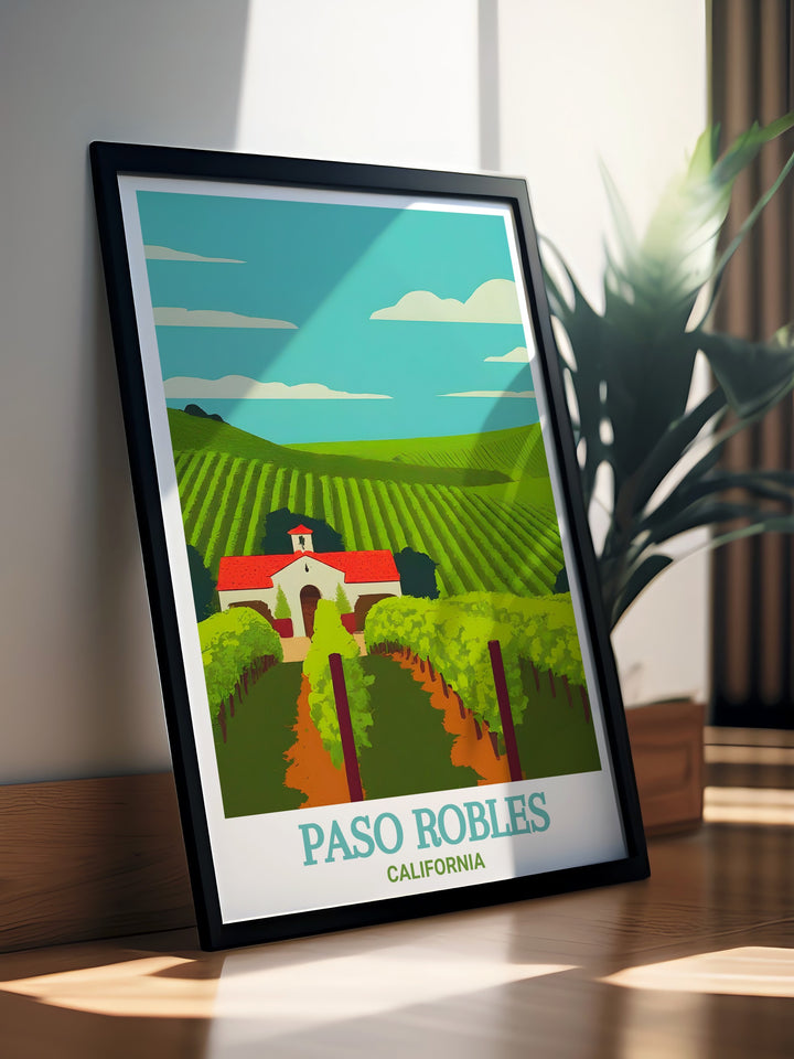 Capture the magic of Paso Robles Wine Country with this beautiful art print. Featuring the sprawling vineyards and rolling hills of Californias wine region, this poster adds a touch of elegance and warmth to your home decor.