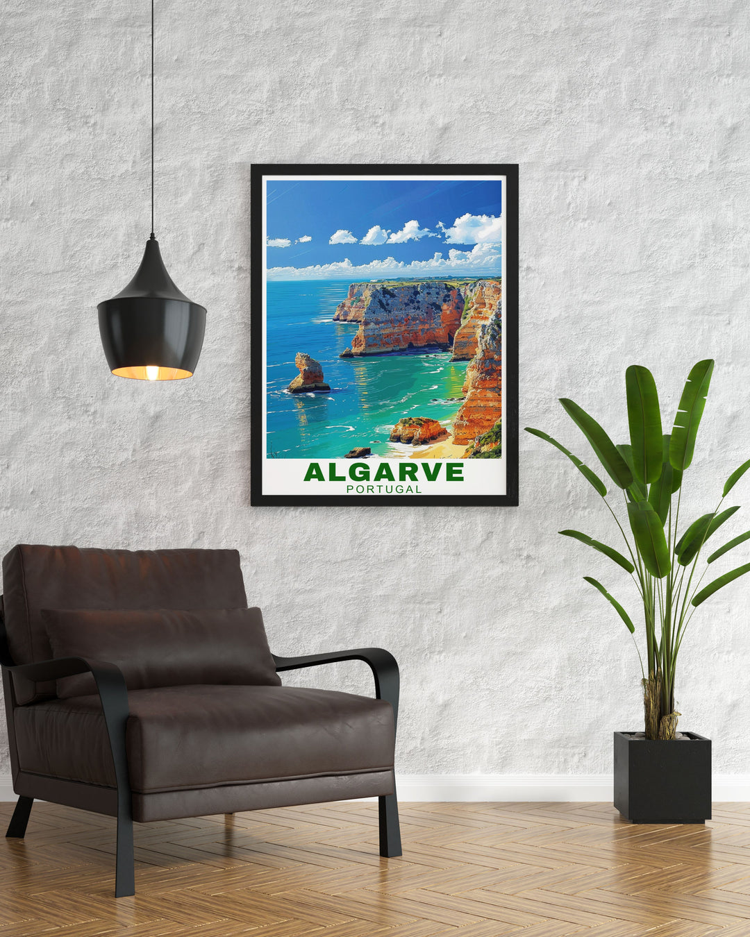 The natural beauty of Algarve cliffs is depicted in this travel poster, highlighting the towering formations and clear waters, perfect for enhancing your home with a piece of Portugals charm.