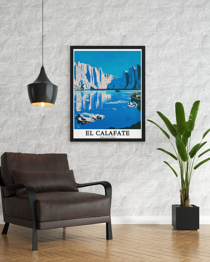 Add a touch of adventure to your walls with this El Calafate poster. Featuring the iconic Perito Moreno Glacier, this artwork brings the rugged beauty of Patagonia right into your space. Printed on archival paper, this vibrant print is a perfect gift for anyone passionate about nature and travel.