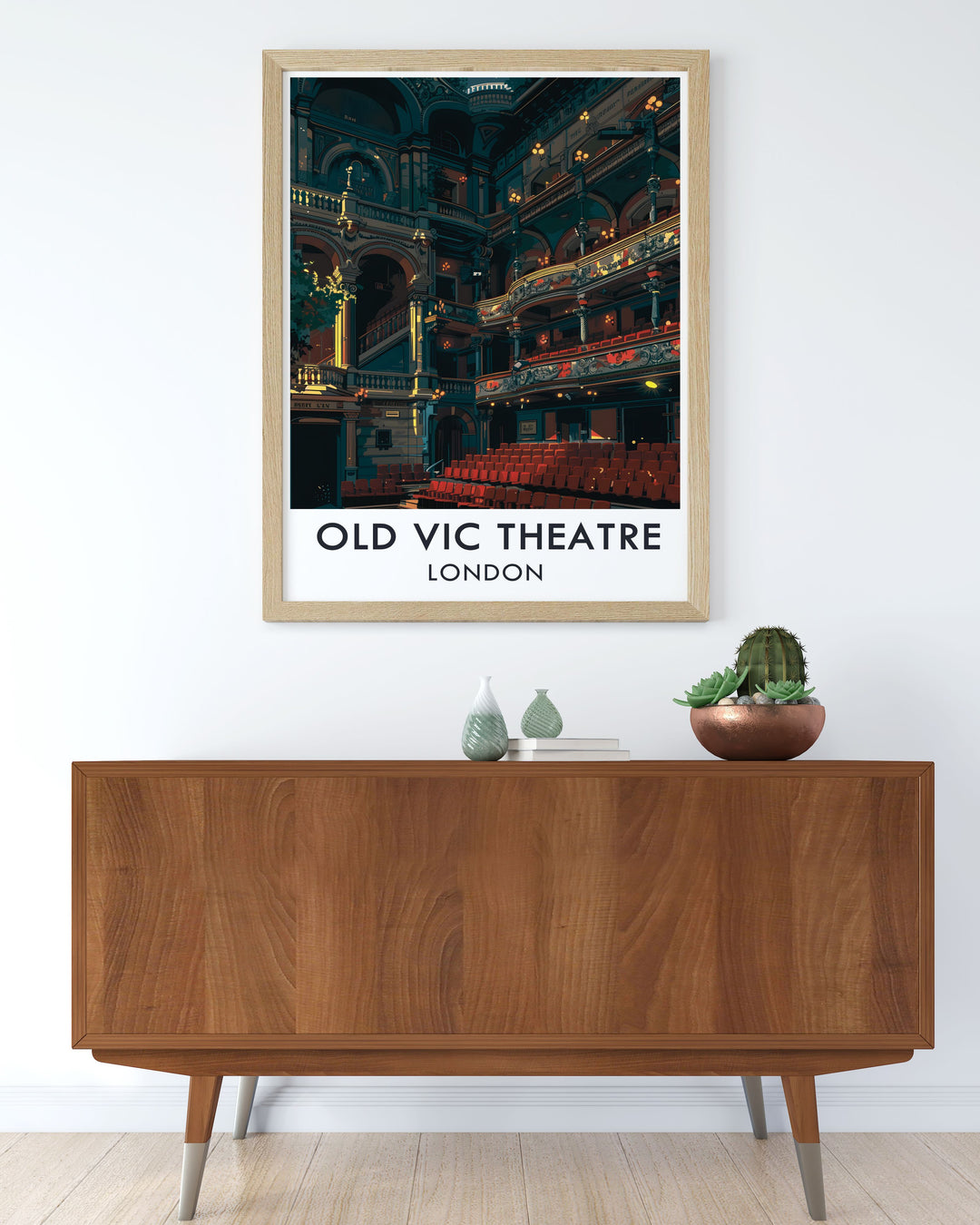 This vintage inspired Old Vic poster celebrates the architectural beauty of the theatres main auditorium. Perfect for anyone who loves Londons West End, this retro travel print adds sophistication and cultural charm to any room, ideal for art and theatre enthusiasts alike.