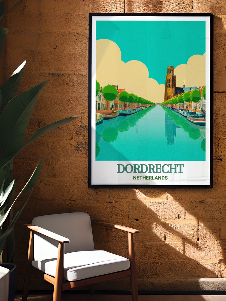 Dordrecht wall art featuring the peaceful Merwede Canal, a symbol of the citys connection to its maritime past. This Netherlands travel print adds a touch of serenity to your home decor, perfect for those who love Dutch scenery.