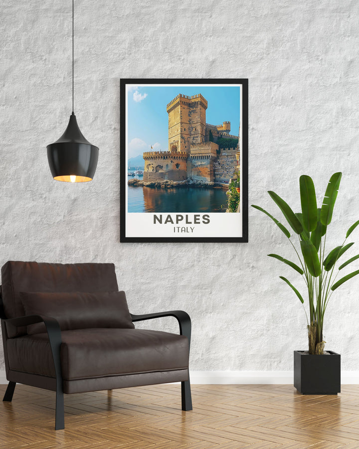 Castel dellOvo Travel Poster showcasing the grandeur of the historic fortress set against the Bay of Naples. Perfect for history buffs and art lovers. A stunning piece of artwork that adds Italian charm to any room.