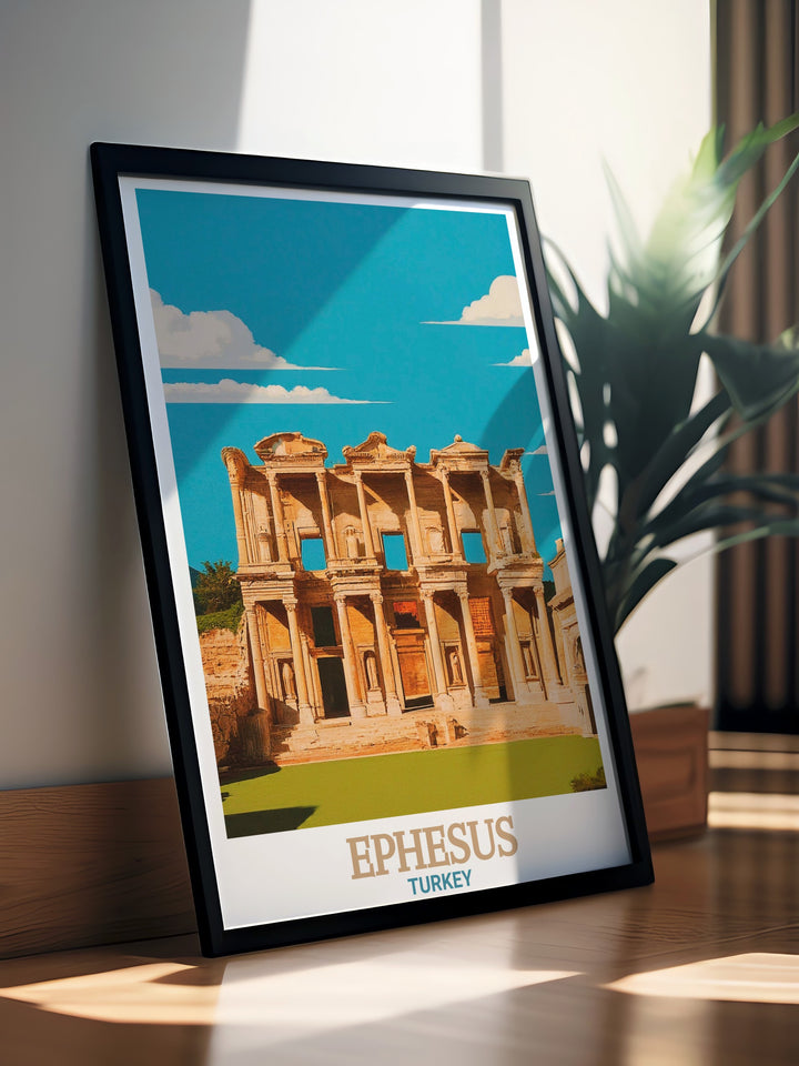 Ephesus Travel Poster features the stunning ruins of the Library of Celsus, bringing the ancient city of Ephesus to life. This print is perfect for anyone who loves Turkeys rich cultural heritage.