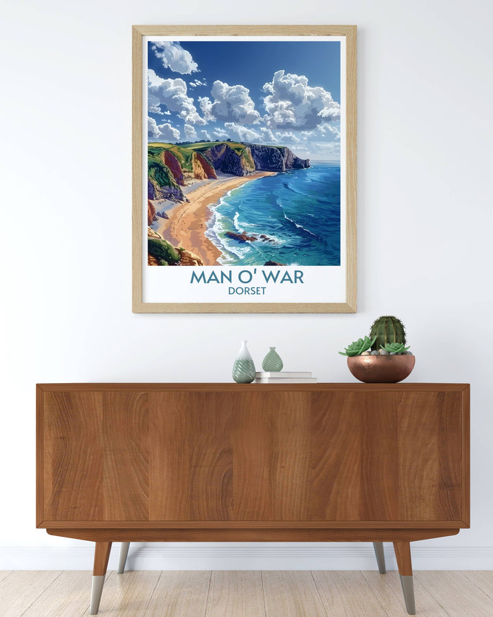 Durdle Door Arch and Man o War Beach framed print featuring the picturesque scenery of Dorset ideal for home decor and gift giving capturing the essence of these stunning coastal landmarks in vibrant colors and detailed imagery perfect for travel enthusiasts and nature lovers.