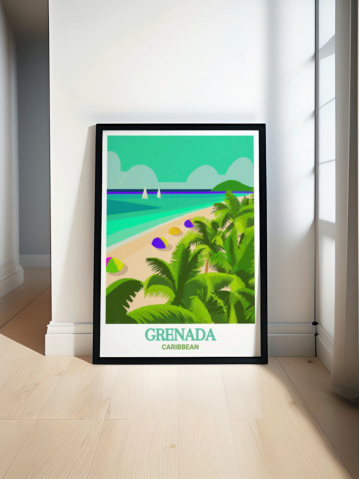 Beach art print of Grand Anse Beach in Grenada, showcasing the sparkling waters and white sandy shores of this iconic site. Ideal for home decor and as a special gift for any occasion.