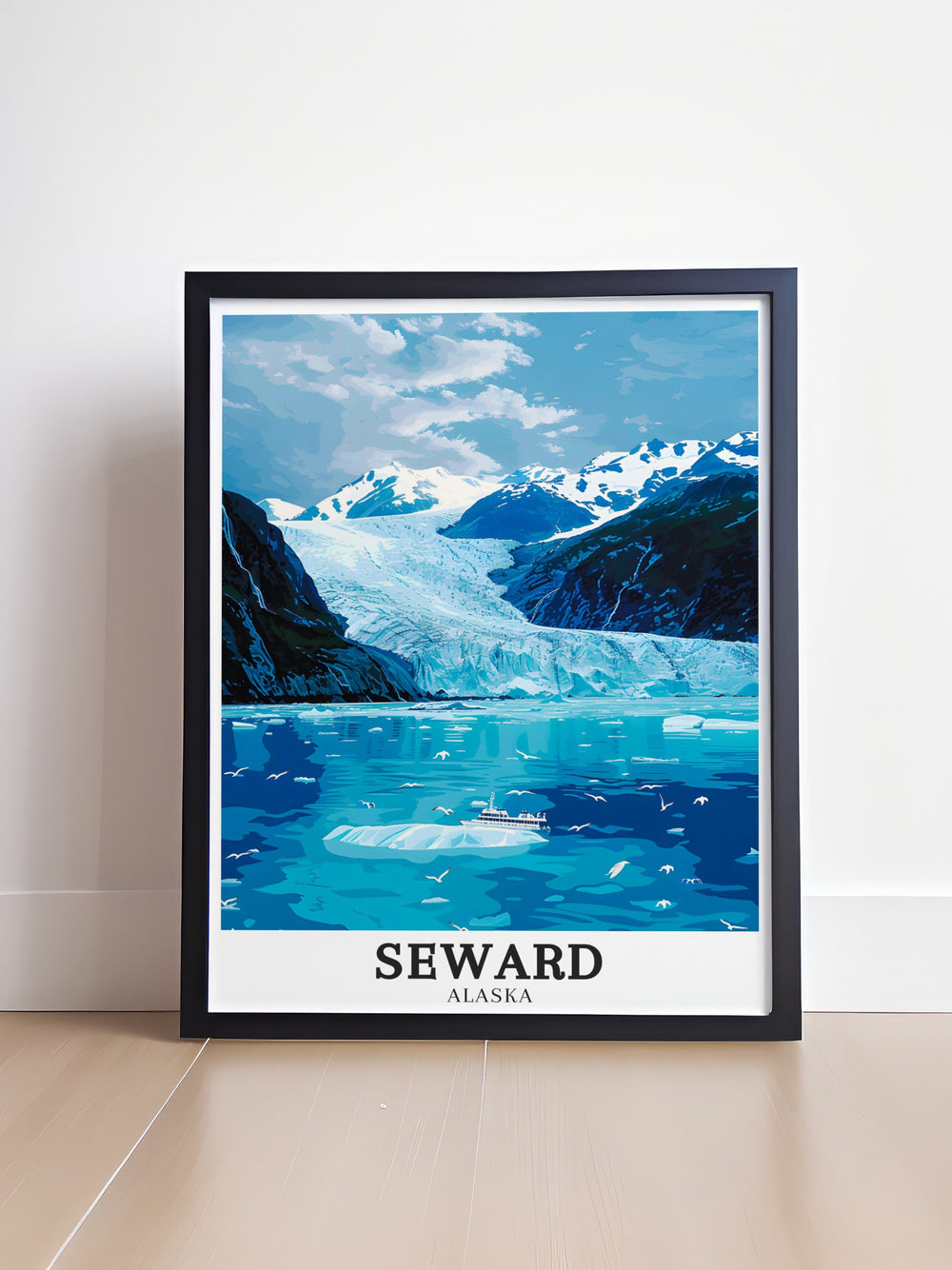 Striking Seward poster illustrating the majestic Kenai Fjords and the vast expanse of Harding Icefield. The print celebrates the unique blend of rugged beauty and serene landscapes that define Alaska, perfect for any lover of wilderness art