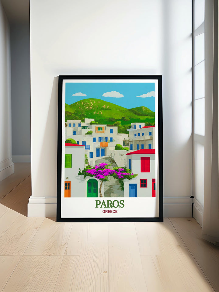 Discover the tranquil beauty of Paros with this detailed poster print, featuring the charming Lefkes Village surrounded by lush greenery. The artwork captures the essence of Greek island life, offering a perfect blend of tradition and natural beauty for your home decor.