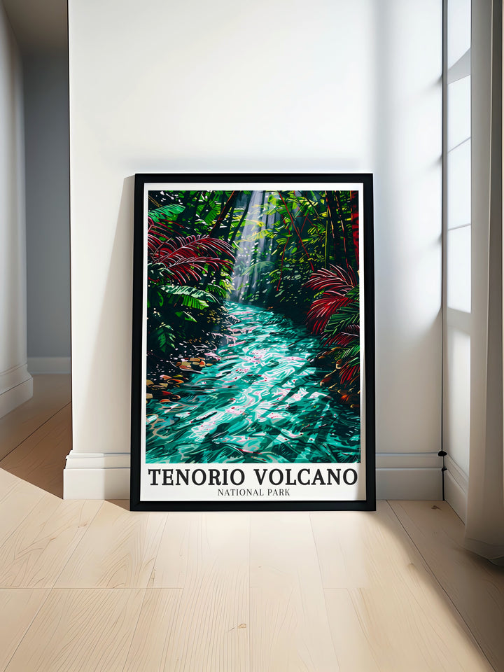 Tenorio Volcano National Park Poster Print featuring vibrant colors and stunning details showcasing the majesty of Tenorio Volcano and surrounding landscape ideal for Costa Rica decor and gifts.