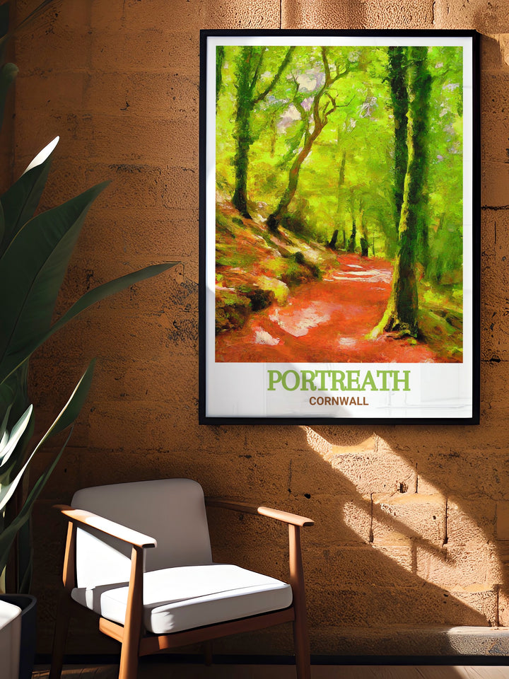 This print features the picturesque village of Portreath and the enchanting Illogan Woods, two of Cornwalls most beautiful landmarks. The artwork captures the essence of both locations, from the calm waters of Portreath to the tranquil atmosphere of Illogan Woods. Ideal for bringing the beauty of Cornwall into your home, this print is a must have for nature lovers.