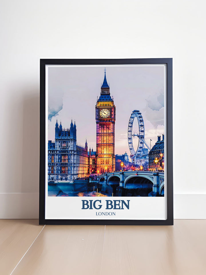Stunning London print highlighting the intricate architecture of Big Ben and the Houses of Parliament alongside the modern London Eye, ideal for history enthusiasts and travel art lovers.